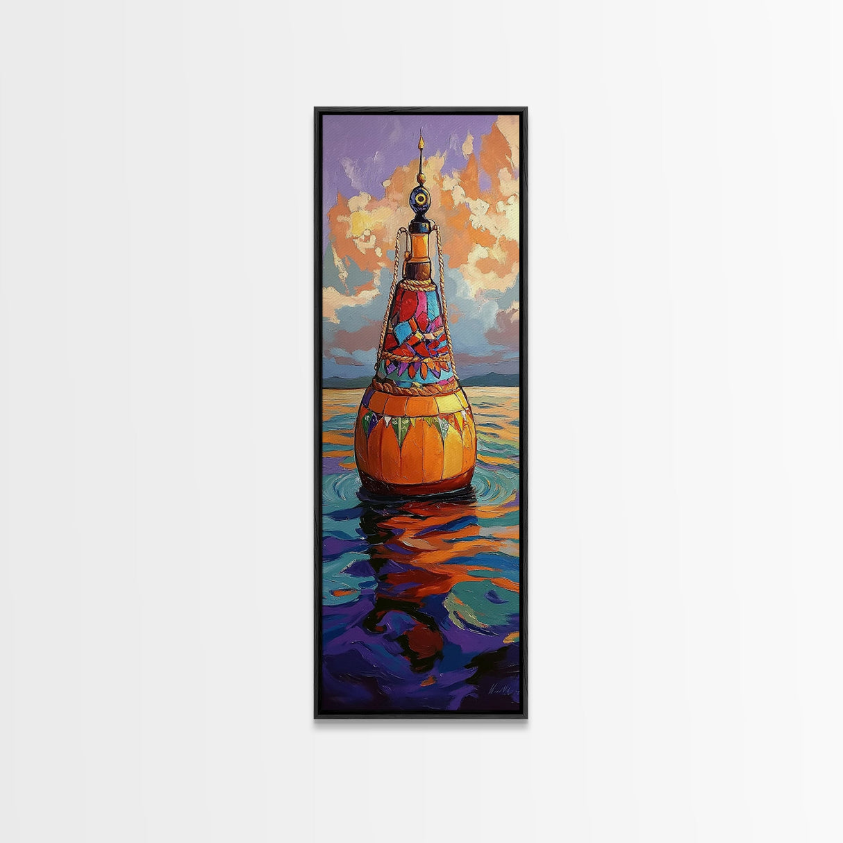 Vibrant Buoy, Sunset Waterscape – Nautical Wall Decor, Coastal Art, Ocean Room Accent, Framed Canvas Print, Colorful Boho Sea Art