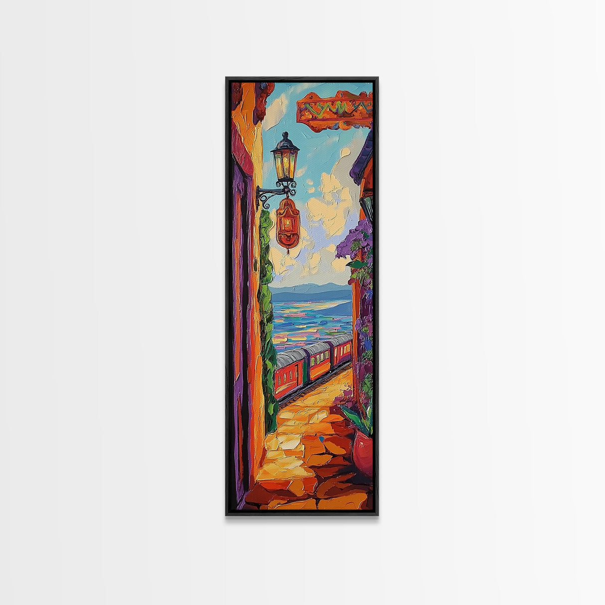 Train Seaside, Pathway Charming — Framed Canvas Print, whimsical travel artwork, Mediterranean street painting, kitchen decor, coastal scene