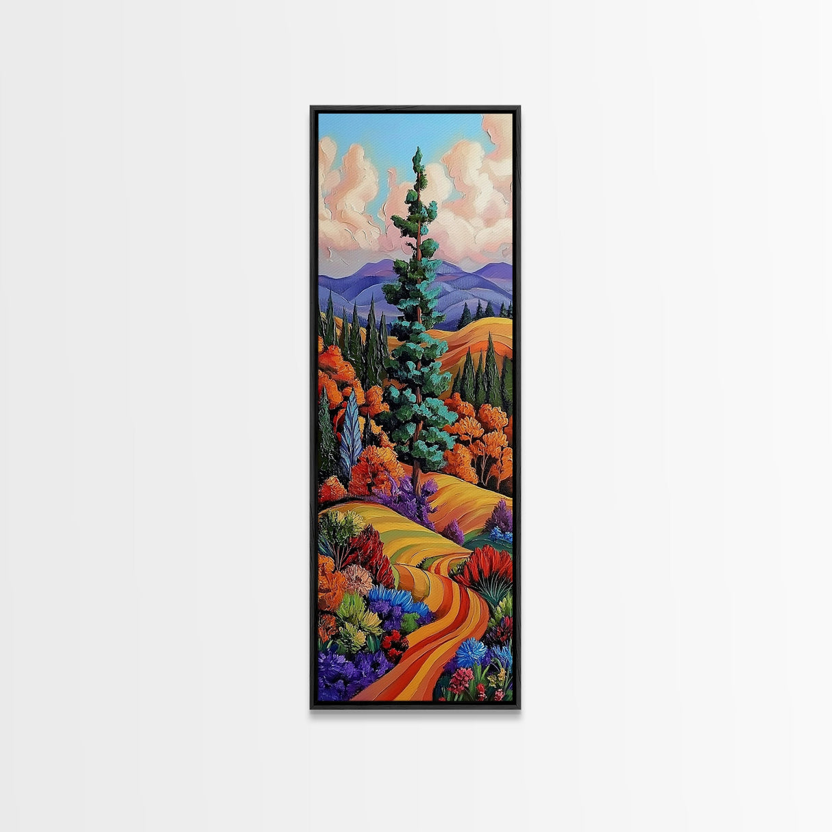 Autumn Pathway, Fields Vibrant — Framed Canvas Print, fall landscape painting, rustic farmhouse decor, countryside path wall art, living room