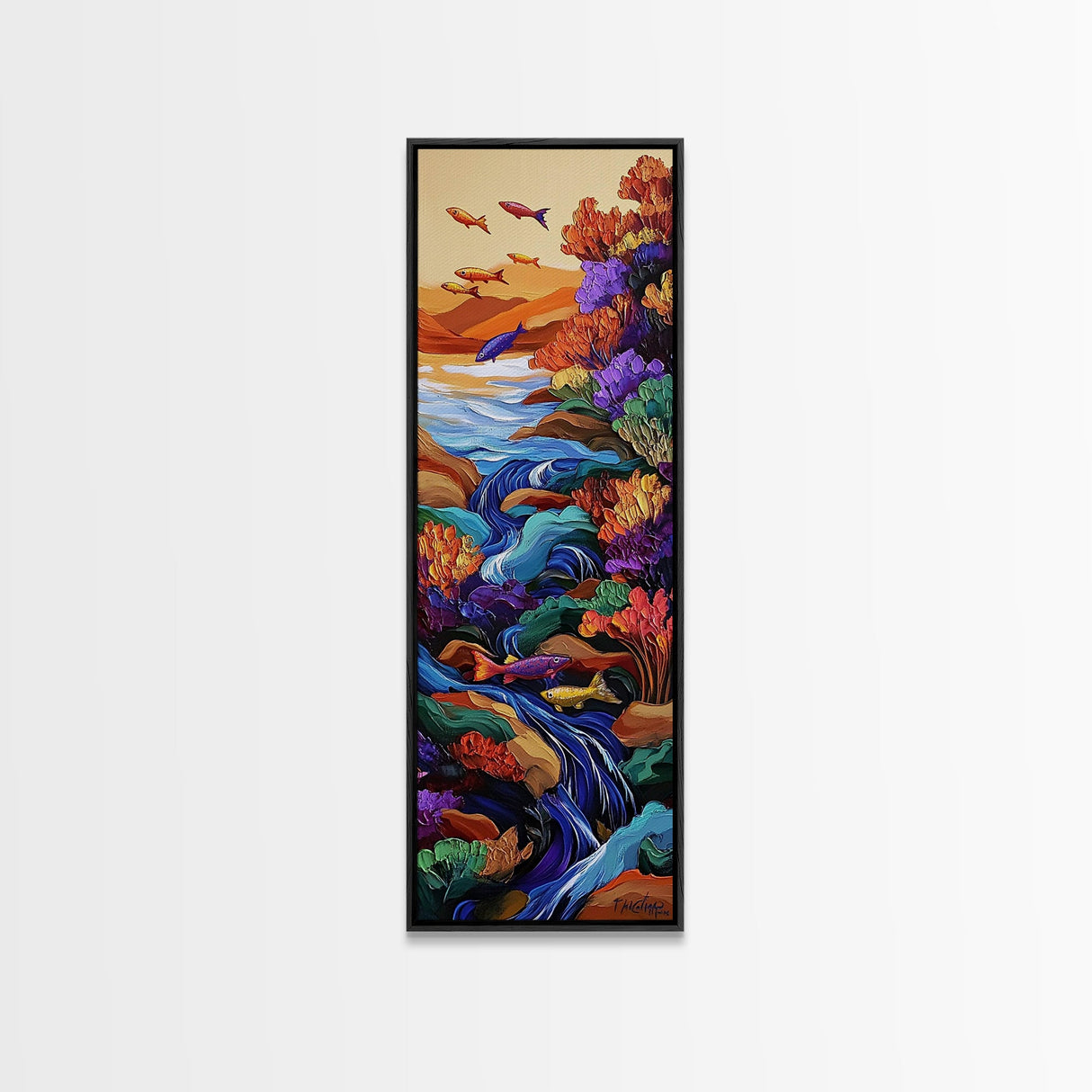 Fish Stream, Fantasy Whimsical — Framed Canvas Print, colorful river painting, kids room aquatic wall art, fantasy nature scene, boho decor