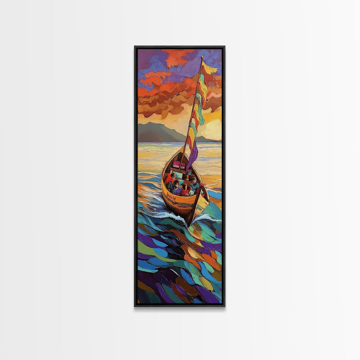 Colorful Boat, Sunset Sea, Vibrant Ocean Scene, Framed Canvas Print, Coastal Wall Decor, Eclectic Living Room Art, Nautical Wall Art