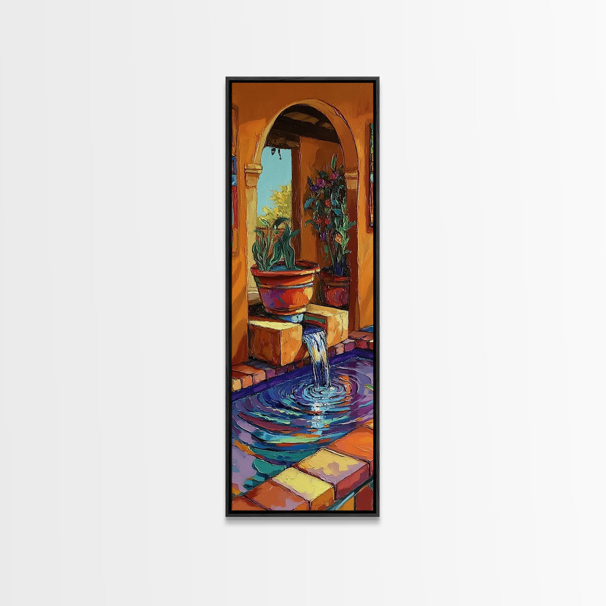 Courtyard Fountain, Terracotta Colors, Spanish Style Decor, Framed Canvas Print, Rustic Kitchen Wall Art, Mediterranean Patio Scene