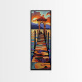 Sunset Pier, Pathway, Landscape, Framed Canvas Print, Coastal Wall Art, Sunset Beach Decor, Living Room Art, Colorful Landscape Painting