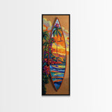 Surfboard Tropical, Sunset, Palm, Framed Canvas Print, Hawaiian surf art, beach house decor, vibrant coastal living room artwork