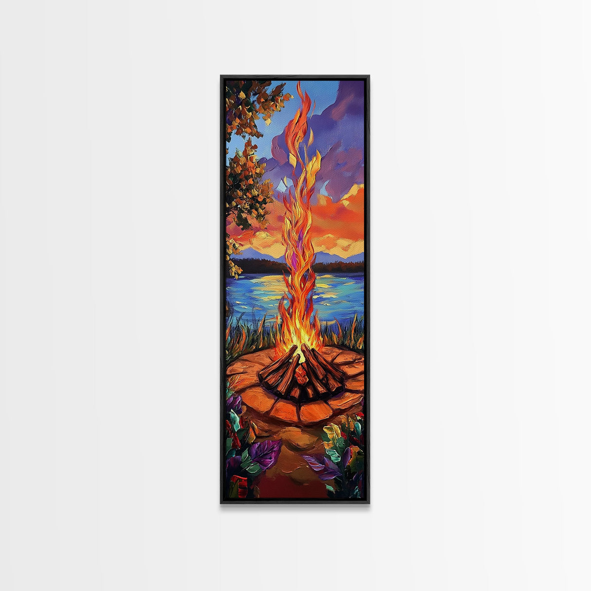 Campfire Flames, Sunset Lake – Rustic Firepit Wall Art, Cozy Cabin Vibes, Autumn Nature Scene, Framed Canvas Print, Lodge Decor