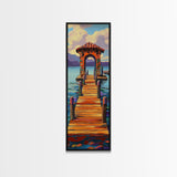 Colorful Pier, Archway, Water — Framed Canvas Print of a vibrant pier scene, coastal wall art, boho lake house decor, office accent