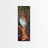 Autumn Pathway, Forest, Nature — Framed Canvas Print of scenic forest path with fall trees, cozy rustic living room wall decor, woodland art