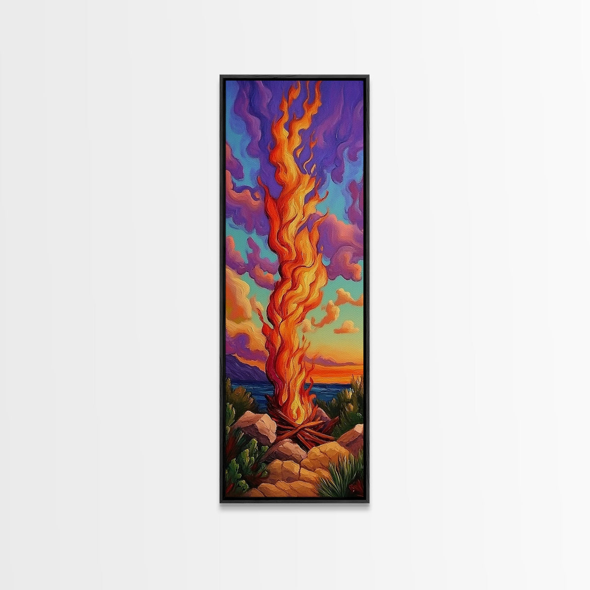 Fire Dusk, Mountains Vibrant – Scenic Bonfire Painting, Vibrant Nature Decor, Framed Canvas Print, Autumn Outdoor Living Room Art