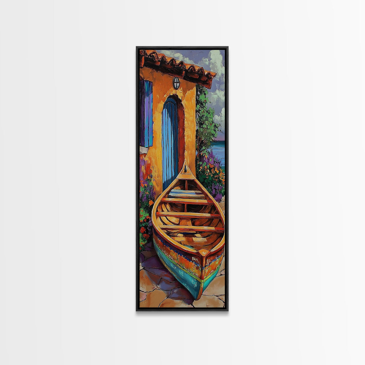 Docked Boat Flowers Villa, Framed Canvas Print, Mediterranean coastal home decor, bright rustic art, hallway wall art, summer lakehouse print