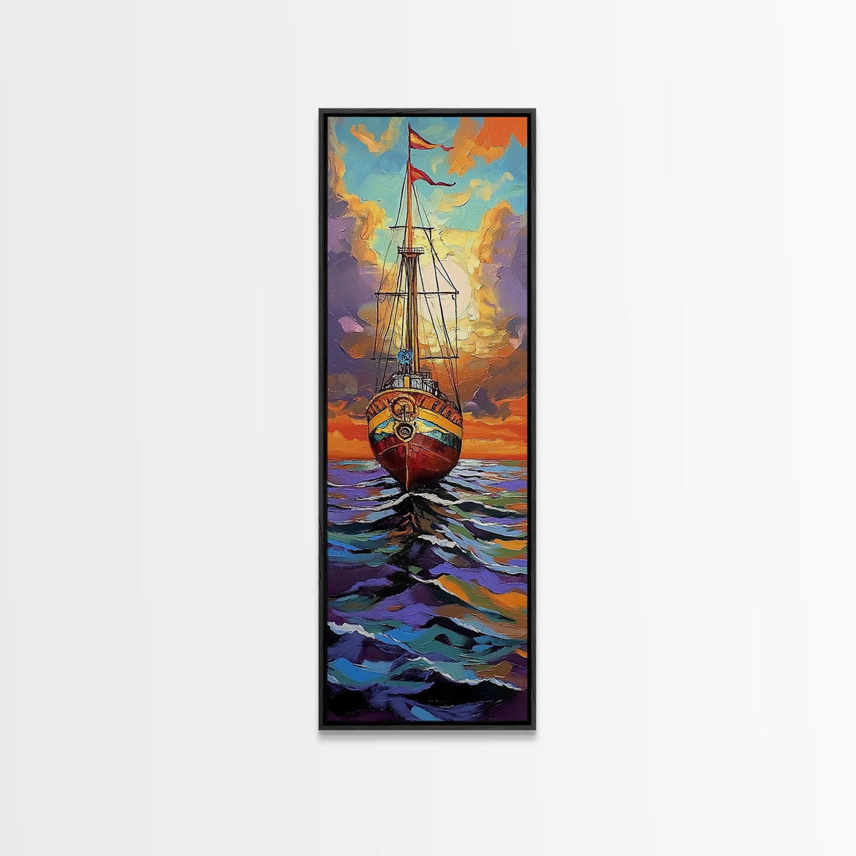 Pirate Ship, Sunset Ocean, Framed Canvas Print, nautical wall art, sailing adventure painting, moody seascape decor, office or den wall art