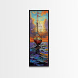 Pirate Ship, Sunset Ocean, Framed Canvas Print, nautical wall art, sailing adventure painting, moody seascape decor, office or den wall art