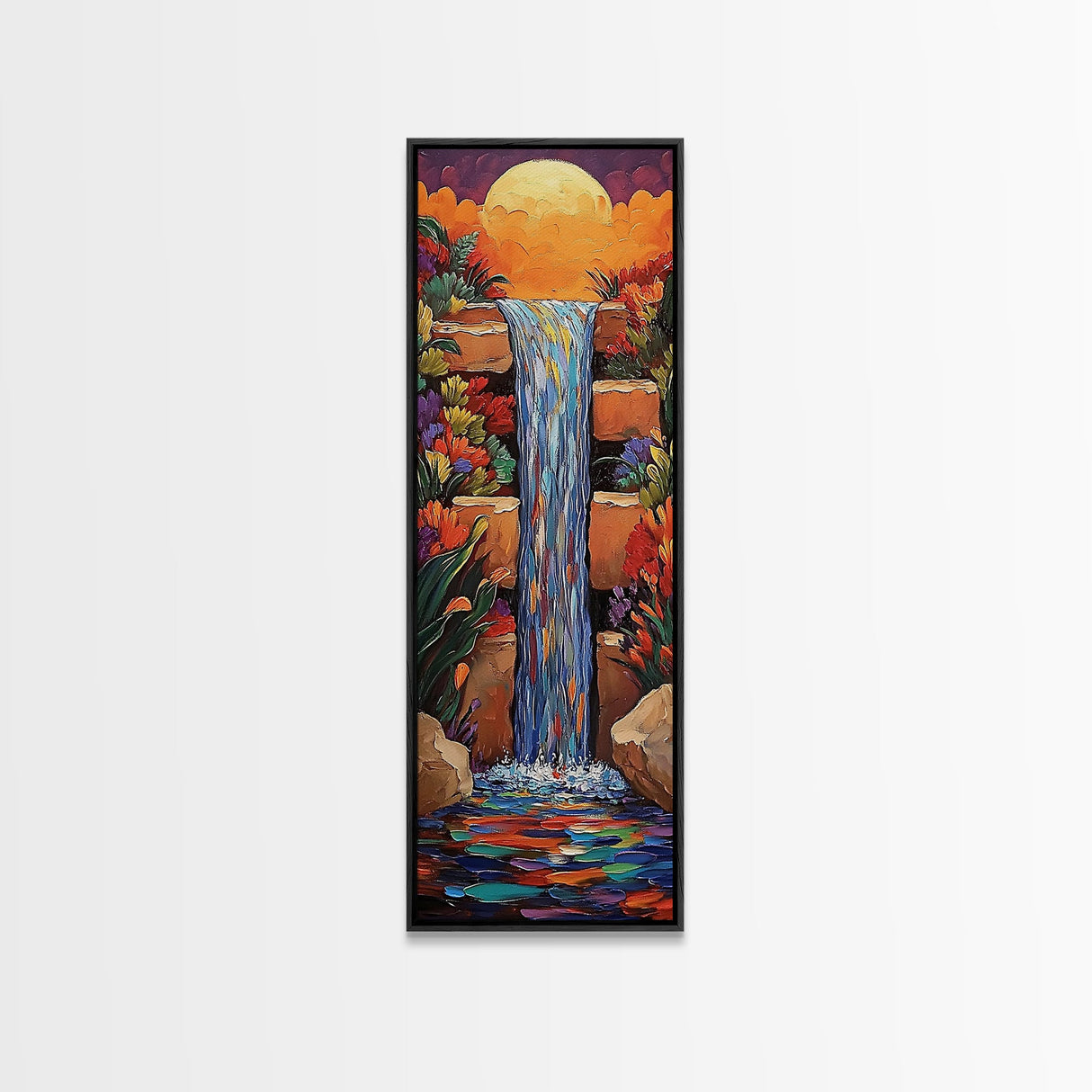 Sunset Waterfall, Flowers Fantasy, Framed Canvas Print, Vibrant landscape art, living room boho decor, magical nature scene