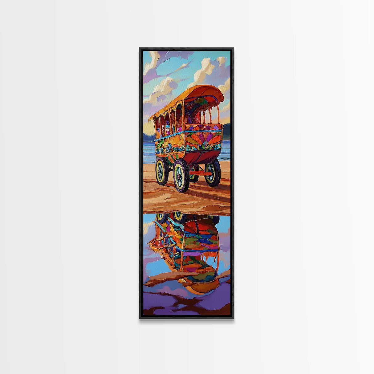 Wagon Reflection, Beach Vibrant, Framed Canvas Print, Colorful bohemian coastal art, living room decor, whimsical wall painting