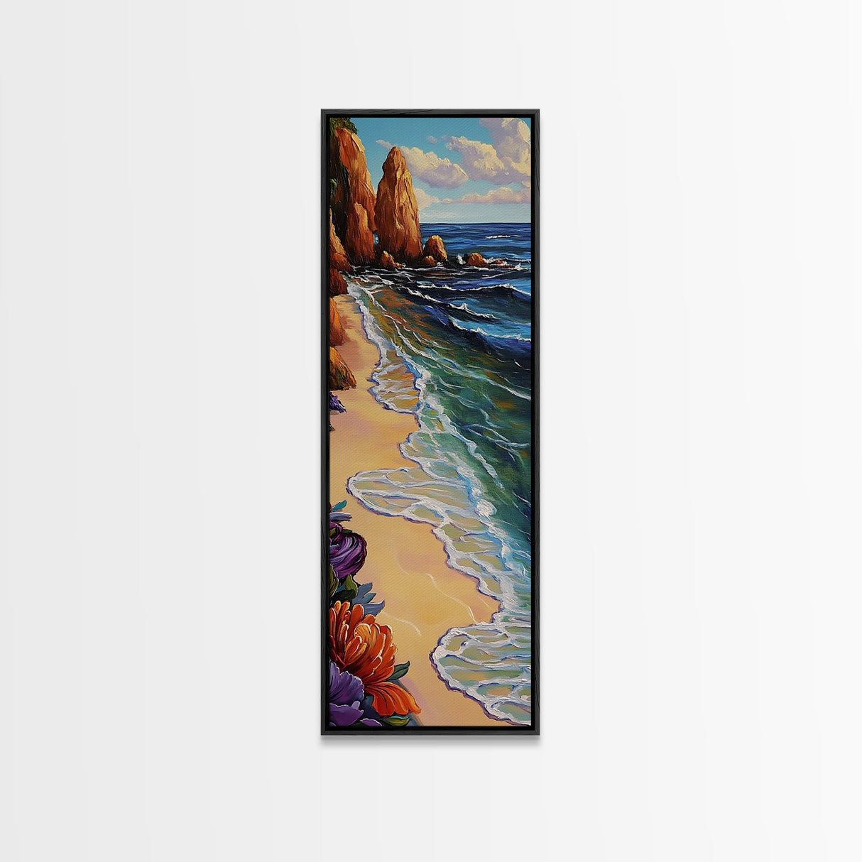 Shoreline Flowers, Ocean Tranquil, Framed Canvas Print, Coastal floral art, beach house decor, modern boho, bedroom wall art