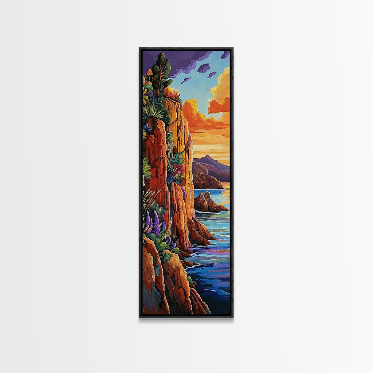 Sunset Cliffside, Ocean Tropical, Framed Canvas Print, Bold rocky coastline painting, tropical wall art, den or office decor piece