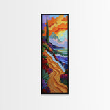 Sunset Beach, Garden, Path, Canvas Print, Autumn coastal art, bold floral landscape painting, entryway wall decor, seaside home accent