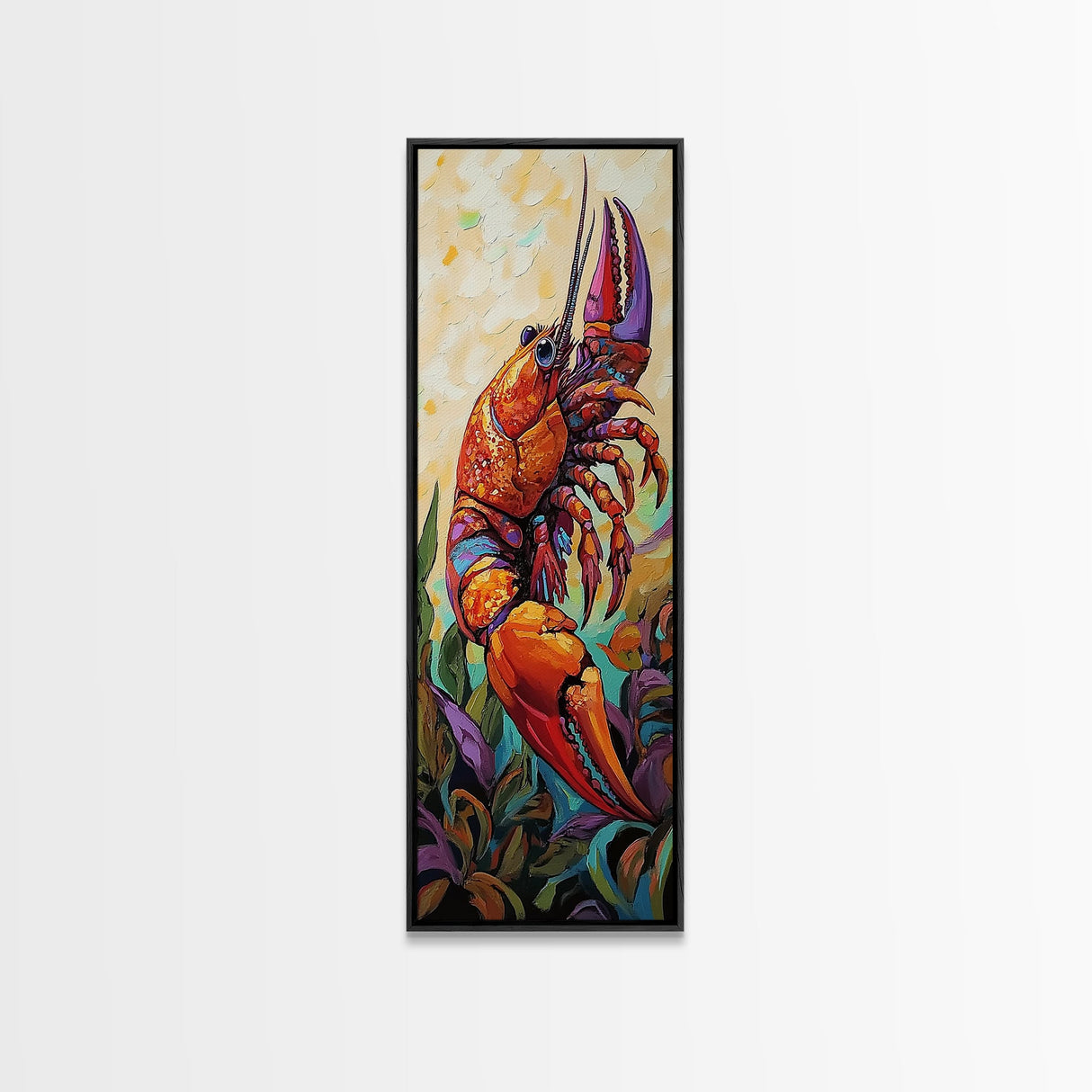 Lobster, Vibrant, Bold, Sea, Framed Canvas Print, seafood kitchen art, tropical home decor, coastal dining room, whimsical ocean painting