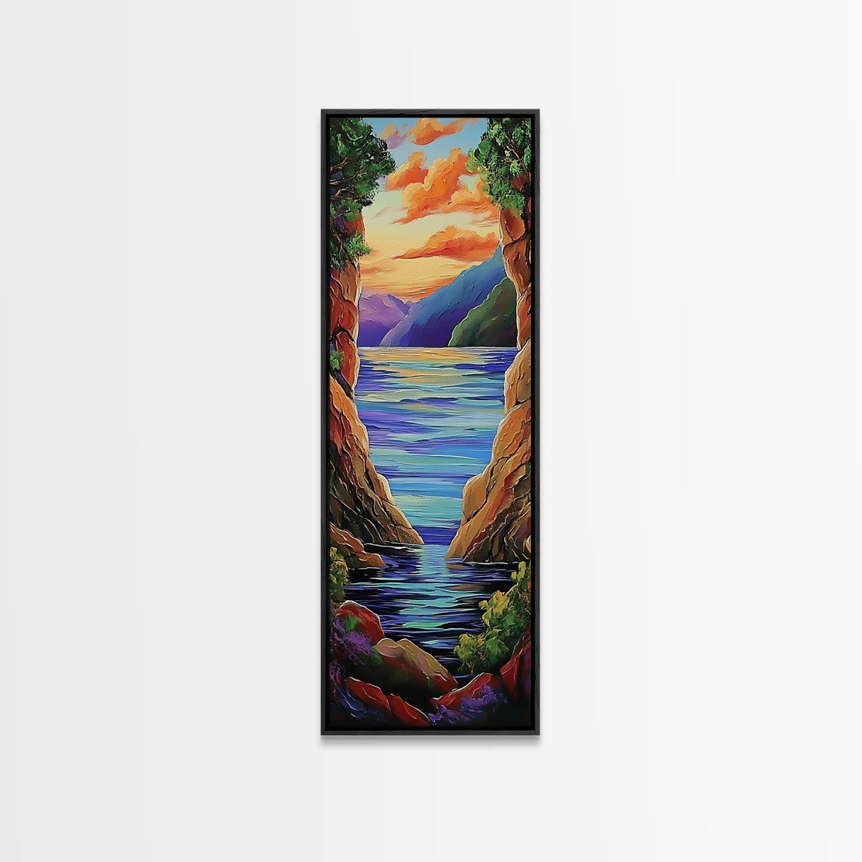 Mountain Canyon Sunset Water, Canvas Print, Sunset wall art, serene canyon lake painting, nature inspired hallway decor, boho peaceful print