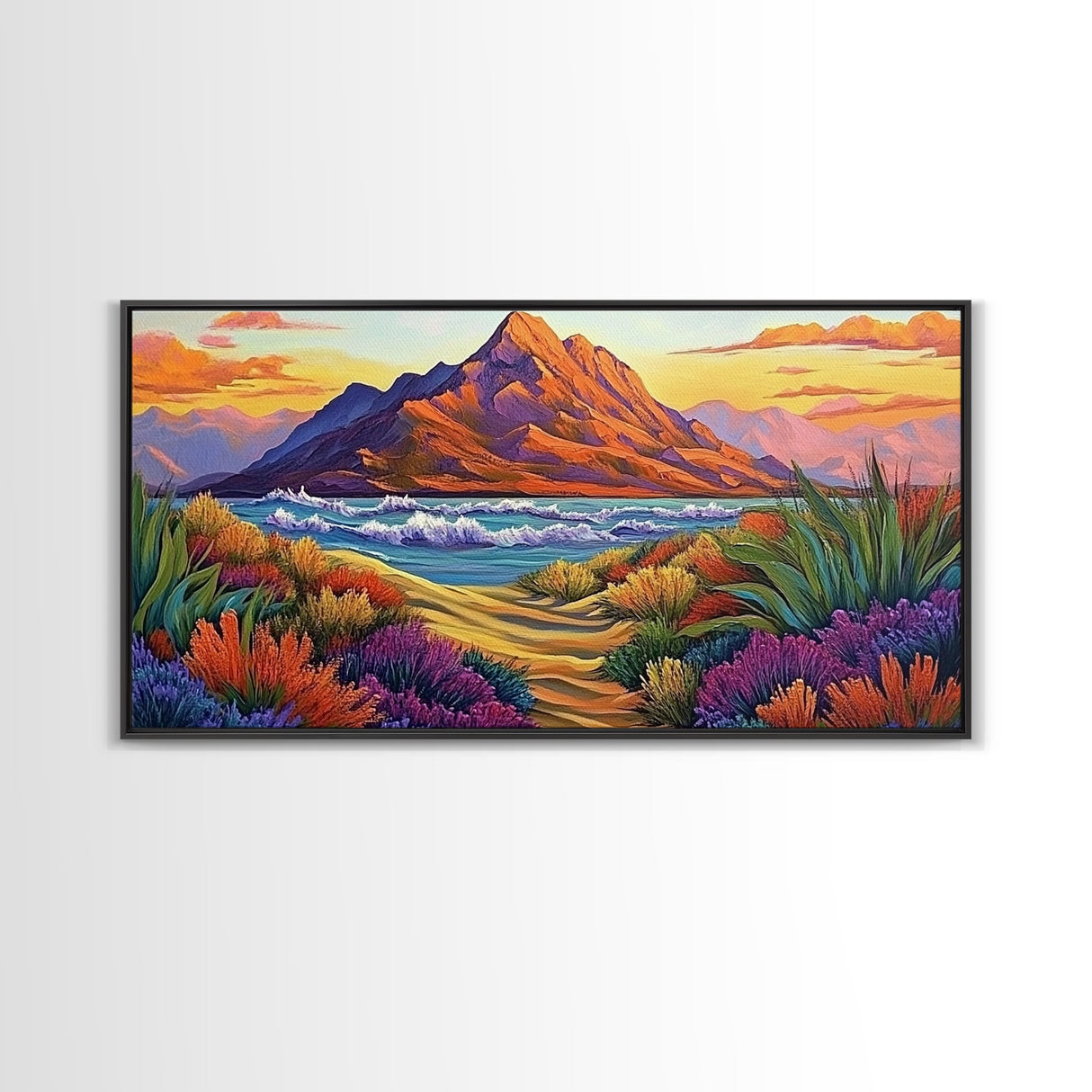 Mountains Waves, Path, Sunset Landscape Canvas Print, Colorful Nature Wall Art, Southwest Bedroom Decor, Autumn Art Style