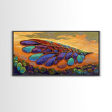 Wings Sunset, Nature, Abstract Boho Wall Art Framed Canvas Print, Colorful Dragonfly Wing Design, Living Room Focal Piece