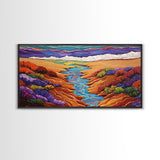 Stream Desert, Flowers, Vibrant Nature Canvas Print, Southwest Landscape Wall Decor, Autumn Living Room Boho Art Style