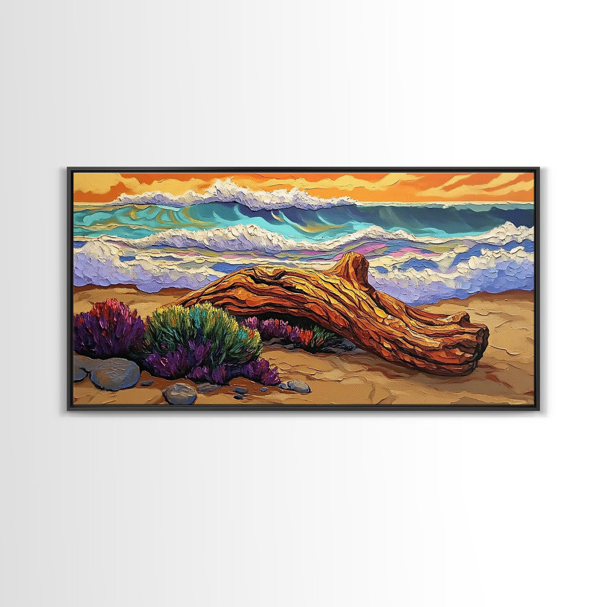 Coastal Driftwood, Waves, Sunset, Framed Canvas Print, ocean beach decor, colorful seascape, tropical wall art, living room wall art