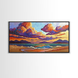 Colorful Sunset, Clouds, Mountains, Framed Canvas Print vibrant beach wall decor, sky and sea painting, boho art, coastal living room