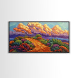 Autumn Trail, Clouds, Flowers, Canvas Print, fall mountain trail painting, landscape wall art, rustic cabin decor, hallway artwork