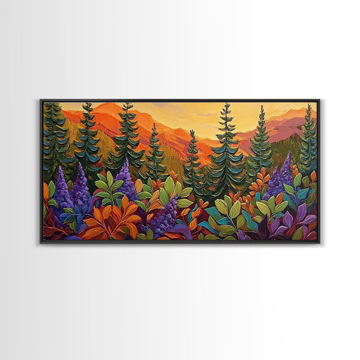 Fall Forest, Pines, Vibrant autumn forest painting with pine trees and colorful foliage, Canvas Print, Fall living room wall art