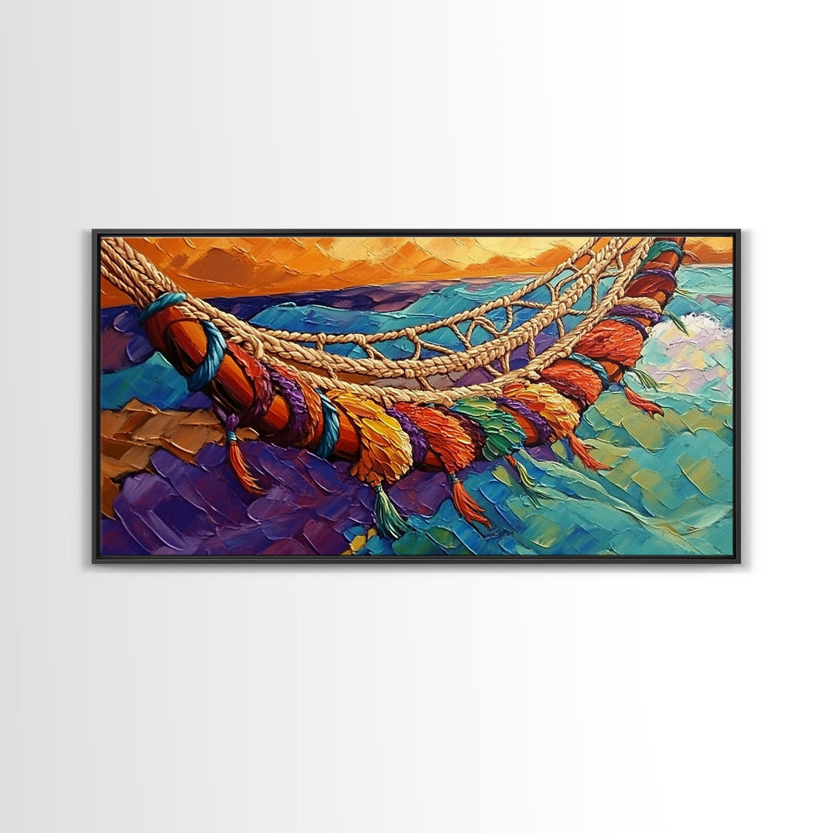 Hammock, Relax, Tropical, Sunset, Framed Canvas Print, Vibrant tropical vibes, beachy boho wall art, bedroom or sunroom decor