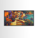 Village, Boats, Coastal, Pathway, Framed Canvas Print, Mediterranean street scene, colorful coastal home decor, kitchen wall art