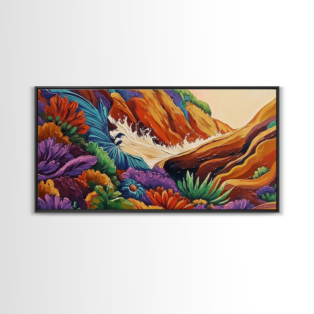 Rocky Wave Crash, Bold Ocean Splash, Coastal Nature Art, Framed Canvas Print, Vibrant Bathroom Decor, Colorful Beach Scene