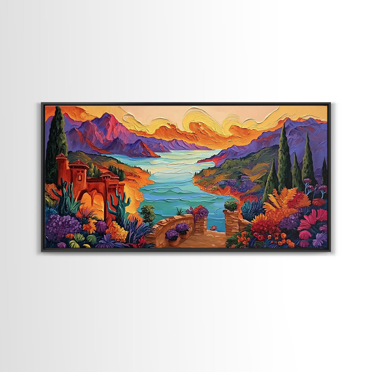 Fantasy Canyon View, Vibrant Mountain Art, Lakeside Sunset, Canvas Print, Mediterranean Decor, Dreamscape Wall Art, Nature Painting