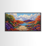 Canyon Lake Path, Colorful Wildflowers, Bold Autumn Hills, Framed Canvas Print, Nature Inspired Wall Art, Southwestern Decor