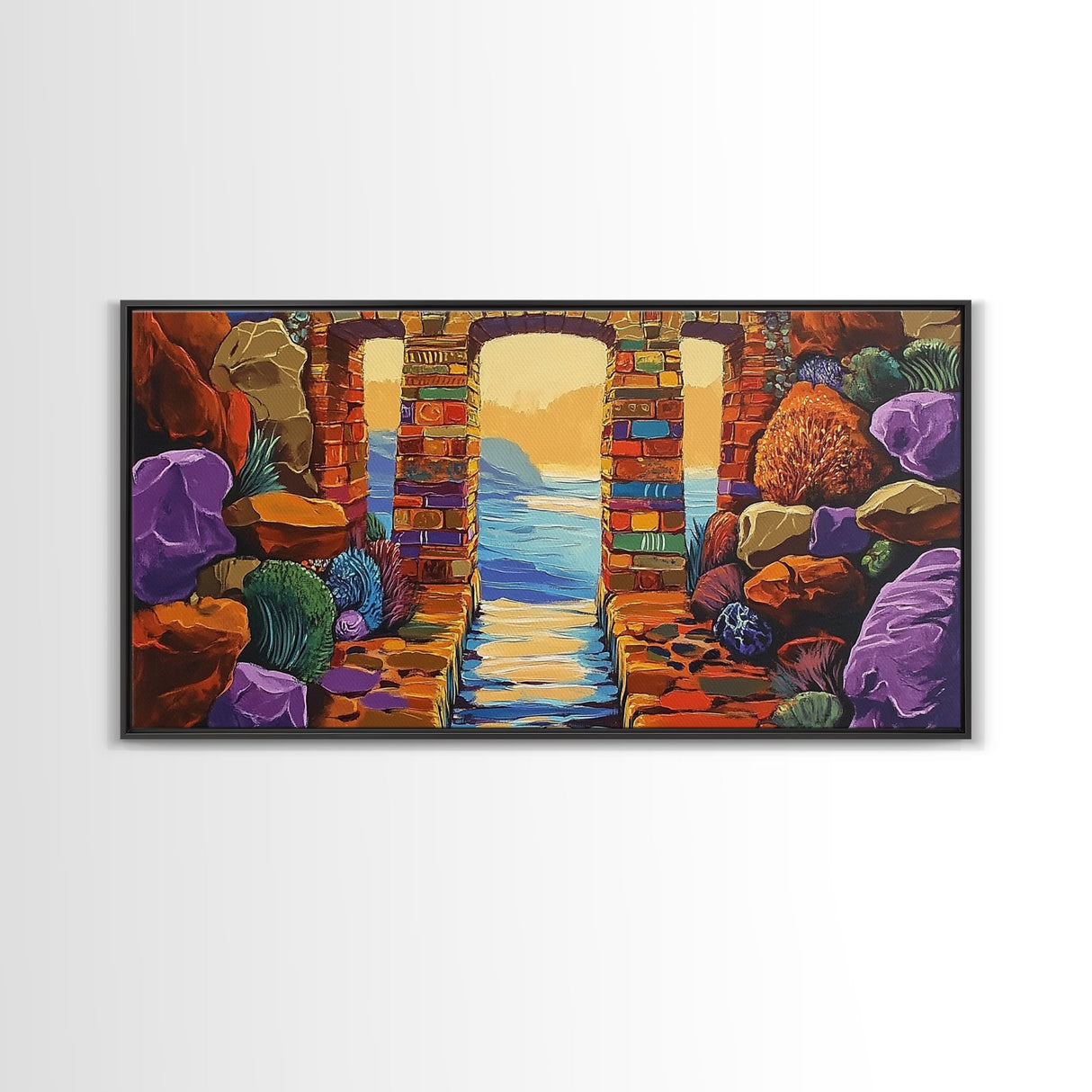 Ocean Doorway View, Colorful Stone Arch, Vibrant Seaside Escape, Canvas Print, Boho Coastal Wall Art, Mediterranean Dream Artwork