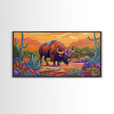 Buffalo Desert, Flowers, Canvas Print, Western buffalo art, colorful desert scene, ranch decor, Office Wall Art, Autumn Wall Art