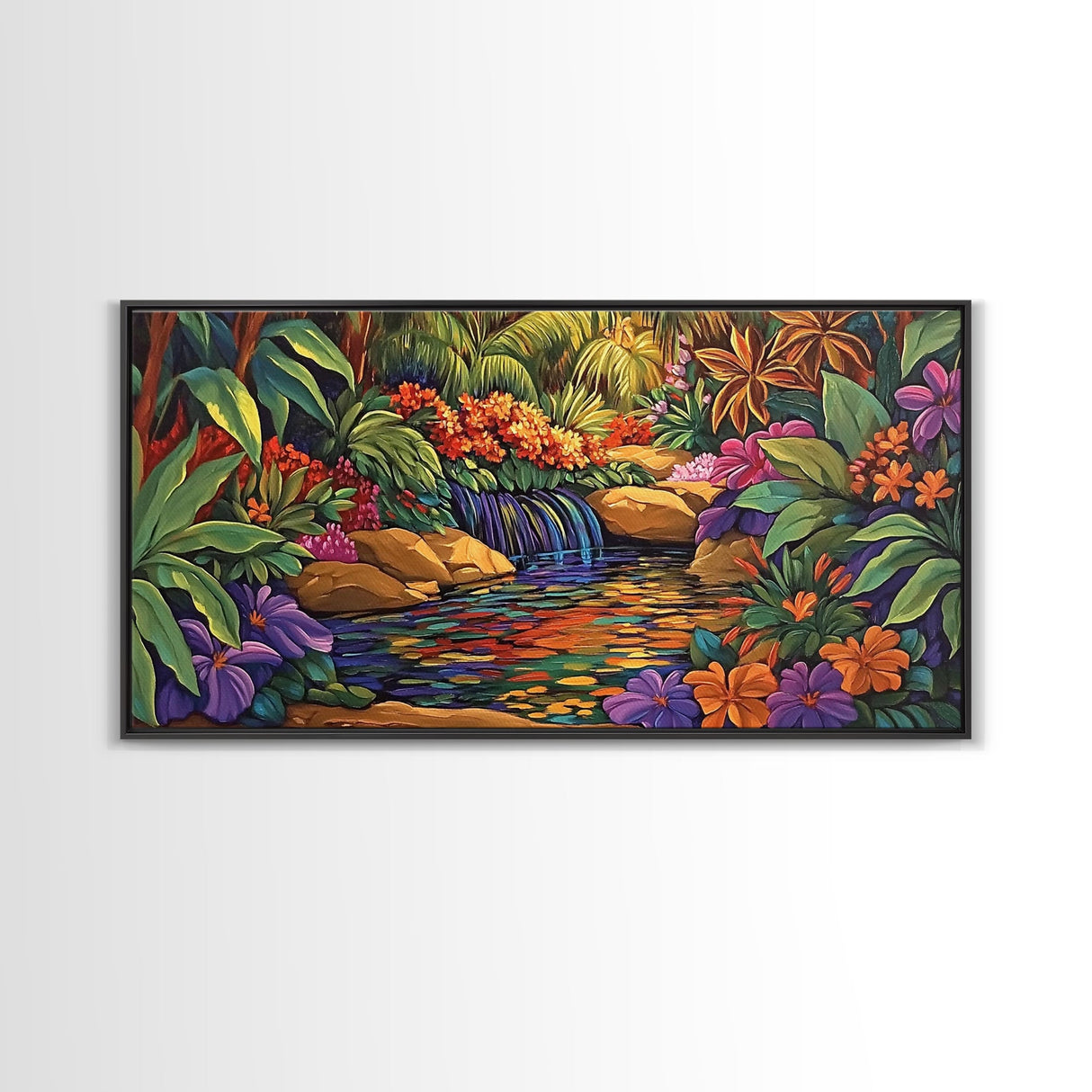Jungle Waterfall, Floral, Vivid, Canvas Print, Botanical Wall Art, Tropical Home Decor, Boho Jungle Artwork, Bathroom Accent Piece