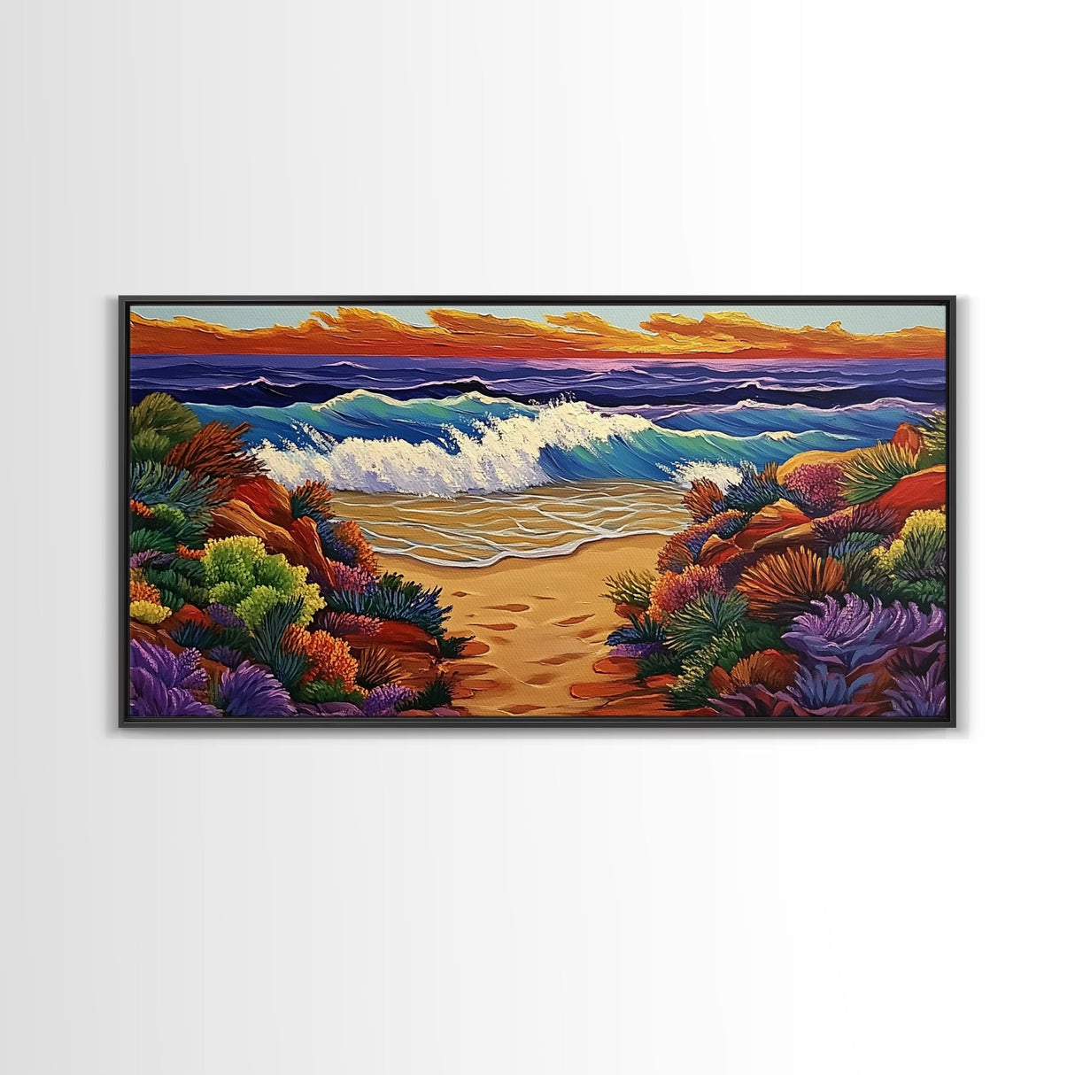 Waves Beach, Sunset, Coastal, Framed Canvas Print, Ocean Wall Art, Colorful Seascape Decor, Nautical Living Room Accent, Coastal Vibes