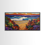 Waves Beach, Sunset, Coastal, Framed Canvas Print, Ocean Wall Art, Colorful Seascape Decor, Nautical Living Room Accent, Coastal Vibes