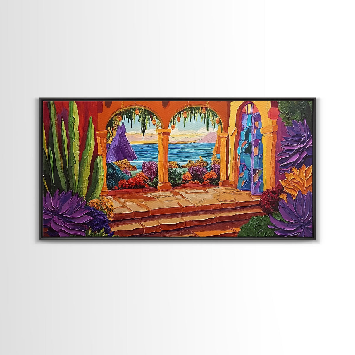 Patio Ocean, Paradise, View, Canvas Print tropical patio view art, living room coastal decor, sunset painting, Mediterranean vibes