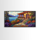 Lake Cabin, Garden, Pathway, Framed Canvas Print lakeside retreat artwork, rustic home wall art, cozy landscape scene, autumn print