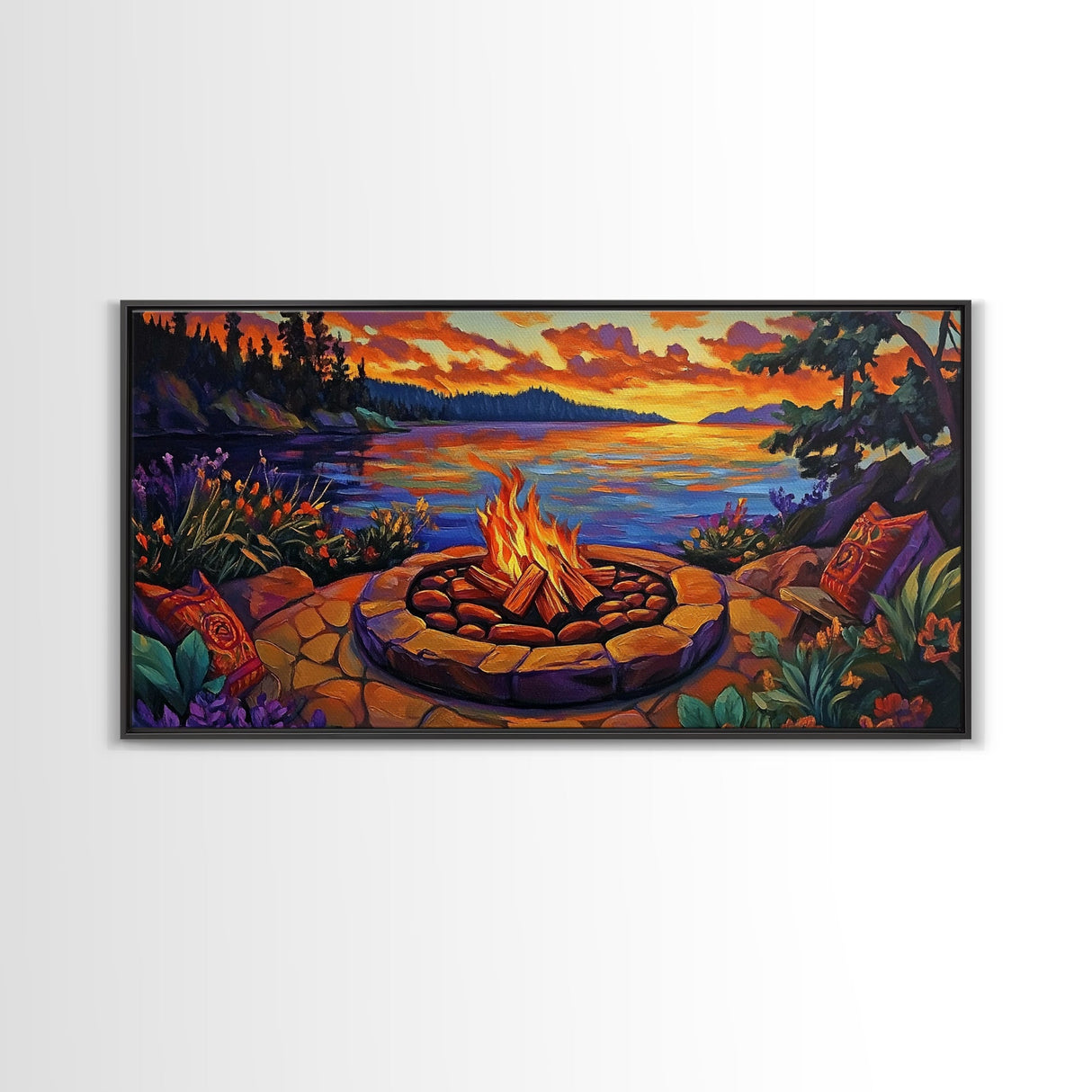 Firepit Sunset, Cozy, Night, Canvas Print warm evening campfire artwork, fall wall decor, lakeside cabin print, romantic outdoor setting