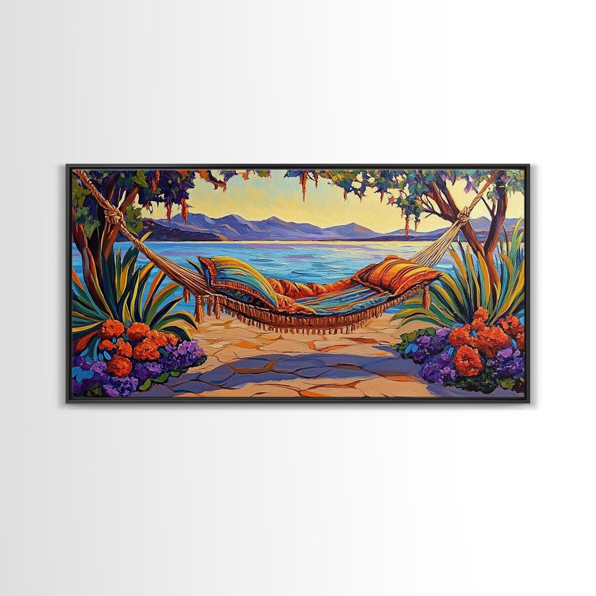 Hammock Lake, Relax, Peace, Framed Canvas Print tropical lakeside retreat artwork, relaxing boho bedroom art, beachy summer decor