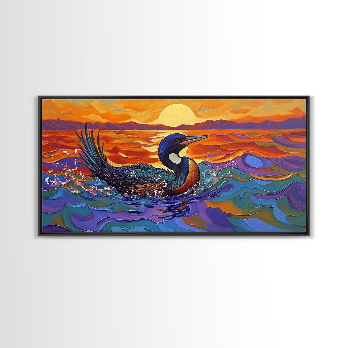 Sunset Loon, Splash, Painting, Framed Canvas Print lakehouse wall art, coastal bathroom decor, vibrant nature print, ocean artwork