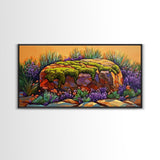 Moss Rock, Desert Garden, Sunset Stone, Framed Canvas Print, Rustic Wall Art, Kitchen or Bathroom Decor, Desert Botanical Artwork