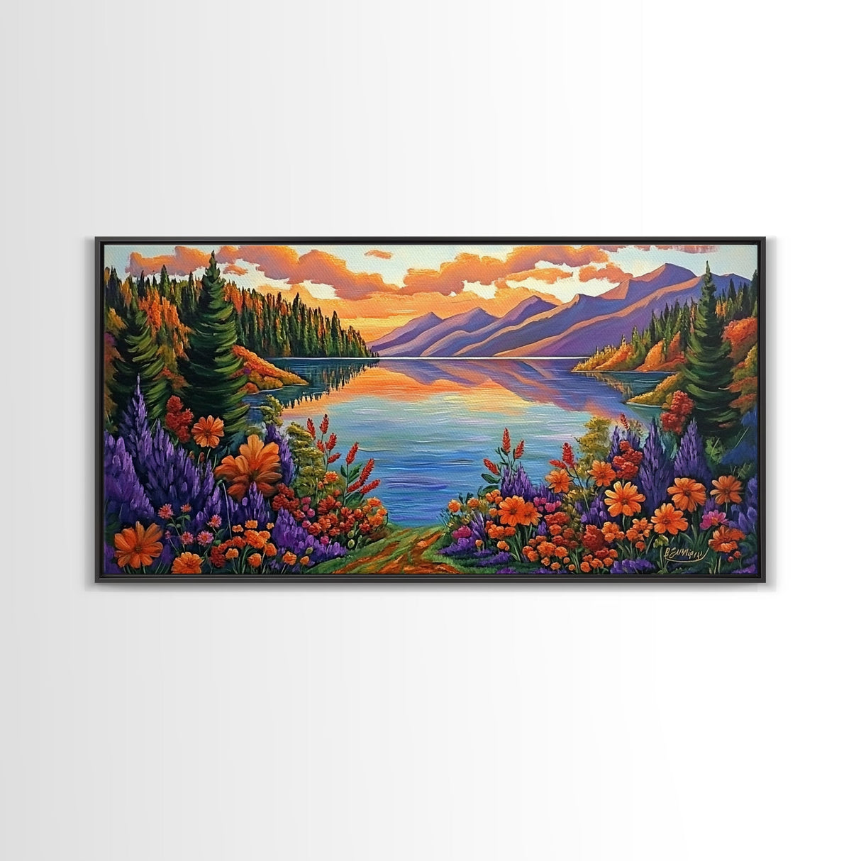 Mountain Lake, Sunset Reflection, Wildflower Meadow, Canvas Print, Vibrant Nature Art, Living Room or Cabin Wall Decor