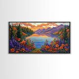 Mountain Lake, Sunset Reflection, Wildflower Meadow, Canvas Print, Vibrant Nature Art, Living Room or Cabin Wall Decor