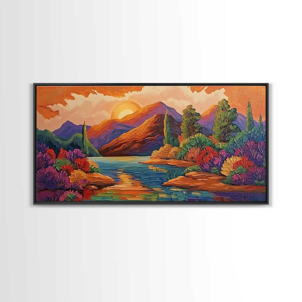 Sunset Lake, Autumn Trees, Mountain Reflections, Framed Canvas Print, Cozy Fall Wall Art, Bedroom Decor, Warm Landscape Painting