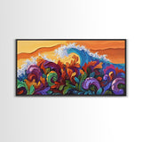 Abstract Wave, Tropical Swirl, Sunset Motion, Framed Canvas Print, Colorful Modern Wall Art, Living Room Decor, Bold Ocean Art
