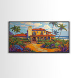 Tropical Villa, Palm Trees, Coastal, Framed Canvas Print, Spanish beach house art perfect Dining Room Wall Art or Vacation Home Decor